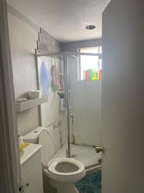 bathroom featuring vanity, toilet, a shower with shower door, and a textured ceiling