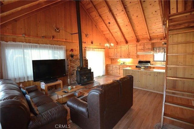 living room with light hardwood / wood-style floors, a wood stove, a wealth of natural light, and wooden ceiling