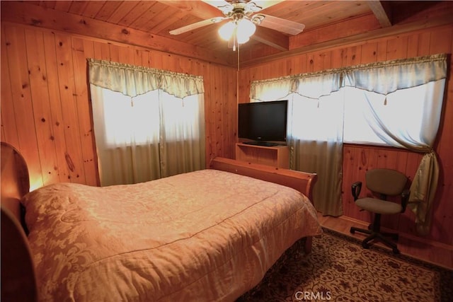 bedroom with ceiling fan, wooden ceiling, and wood walls