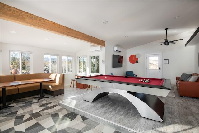 playroom with ceiling fan, billiards, an AC wall unit, and lofted ceiling with beams