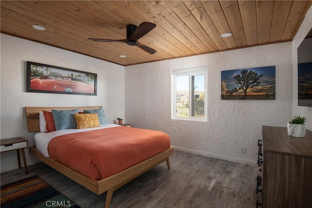 bedroom featuring hardwood / wood-style flooring, wooden ceiling, and ceiling fan