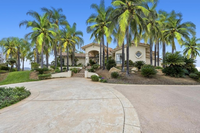 mediterranean / spanish home featuring curved driveway and stucco siding