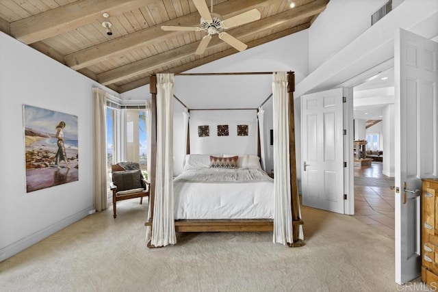 bedroom featuring wood ceiling, ceiling fan, lofted ceiling with beams, and light carpet