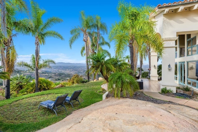 view of home's community featuring a mountain view and a yard