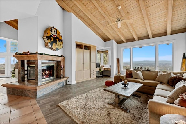 living room with built in desk, high vaulted ceiling, a fireplace, dark hardwood / wood-style flooring, and wooden ceiling