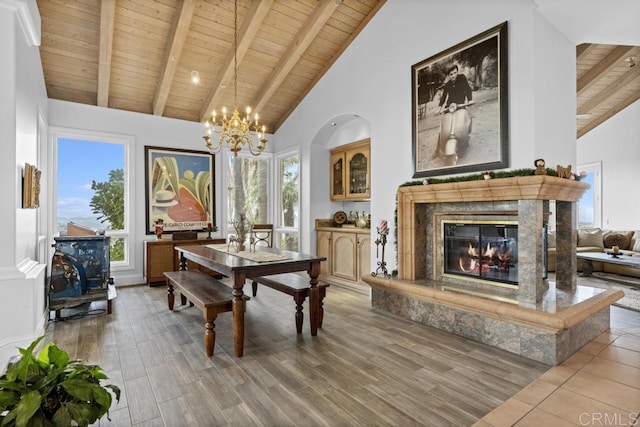 dining room with wood finished floors, beam ceiling, high vaulted ceiling, wooden ceiling, and a premium fireplace