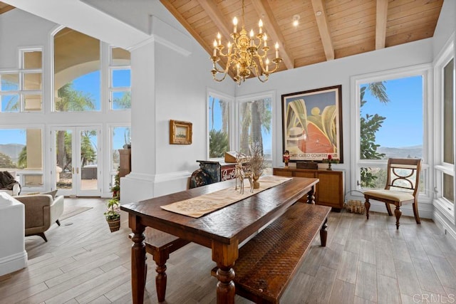 dining space with light wood-type flooring, wood ceiling, beamed ceiling, and high vaulted ceiling