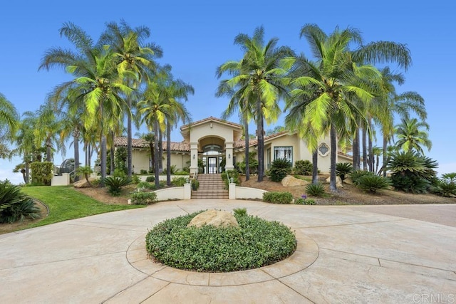 view of front of home with french doors, curved driveway, and stucco siding