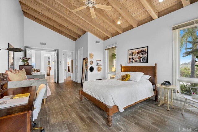 bedroom featuring wood ceiling, dark wood-type flooring, beam ceiling, high vaulted ceiling, and ceiling fan