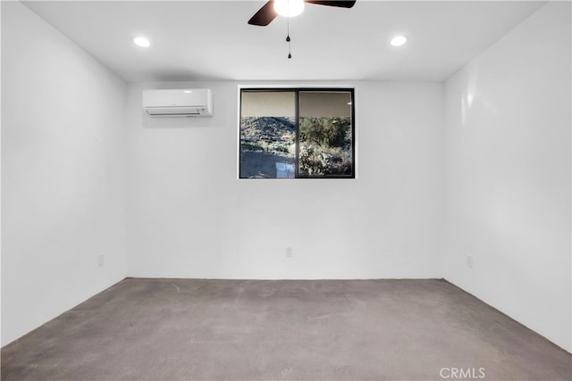 empty room featuring ceiling fan, carpet floors, and an AC wall unit