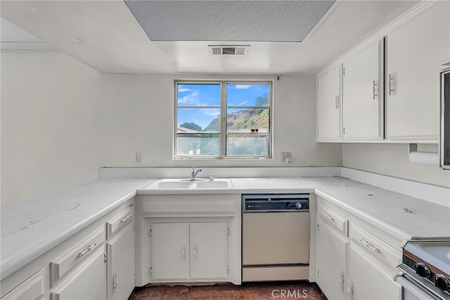 kitchen with range with electric stovetop, dishwasher, a sink, white cabinetry, and visible vents