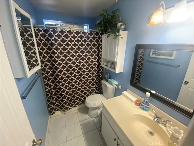 2171 Pomona Ave, Costa Mesa, CA 92627 - bathroom with toilet, vanity, tile patterned flooring, and a shower with curtain
