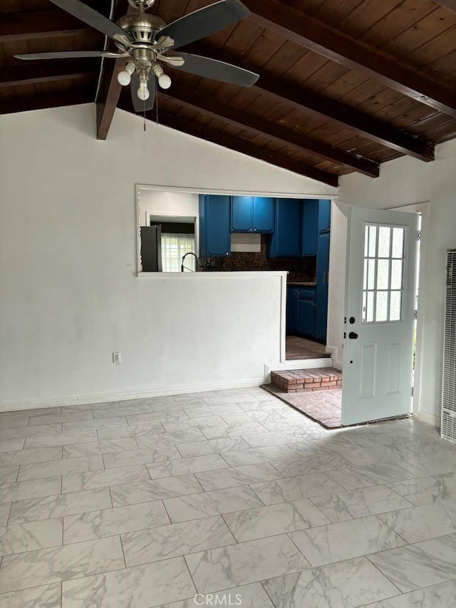 interior space with wooden ceiling, marble finish floor, lofted ceiling with beams, and a ceiling fan