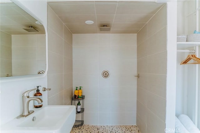 bathroom featuring a shower, tile walls, and sink