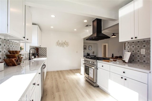 kitchen featuring white cabinets, sink, island exhaust hood, and stainless steel appliances