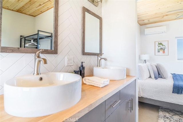 bathroom featuring vanity, decorative backsplash, wooden ceiling, and a wall unit AC