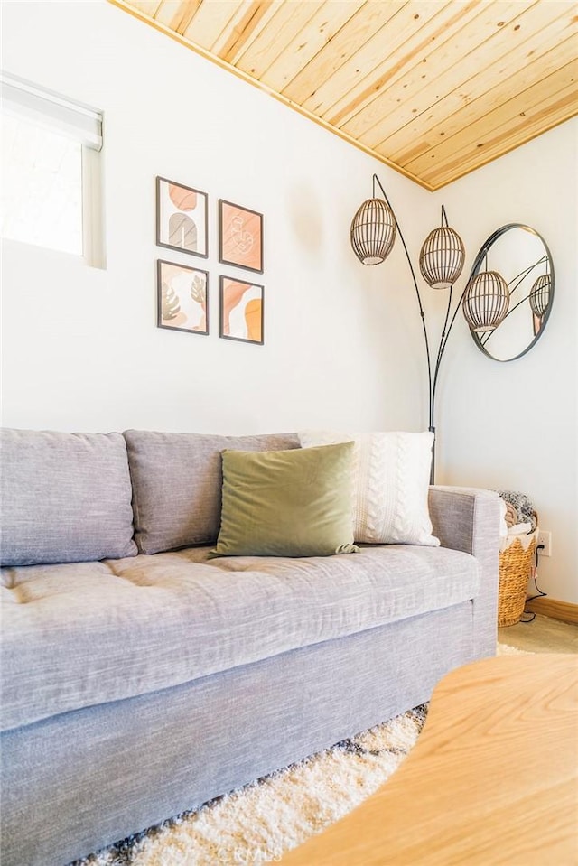 living room with wooden ceiling