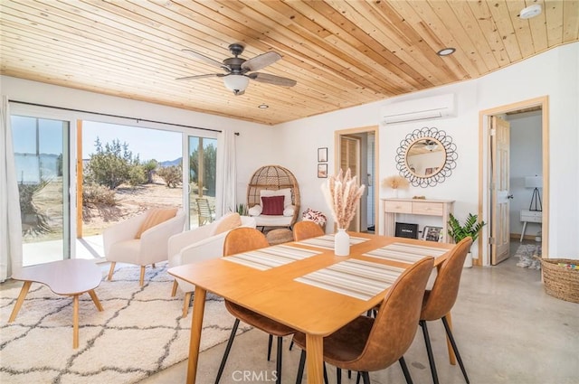 59149 Desert Gold Dr, Yucca Valley, CA 92284 - dining area featuring an AC wall unit, wooden ceiling, concrete floors, and a ceiling fan