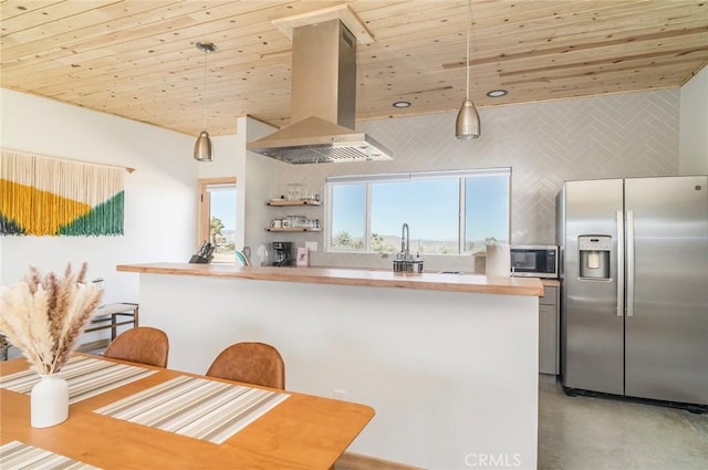 59149 Desert Gold Dr, Yucca Valley, CA 92284 - kitchen featuring appliances with stainless steel finishes, island exhaust hood, wood ceiling, pendant lighting, and light countertops