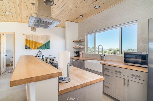 59149 Desert Gold Dr, Yucca Valley, CA 92284 - kitchen with butcher block countertops, wooden ceiling, appliances with stainless steel finishes, gray cabinetry, and a center island