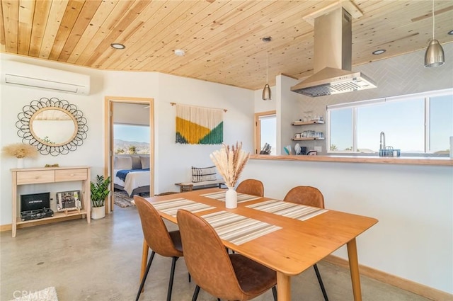 59149 Desert Gold Dr, Yucca Valley, CA 92284 - dining space with a wall unit AC, wood ceiling, and concrete floors