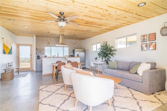 59149 Desert Gold Dr, Yucca Valley, CA 92284 - living room featuring wood ceiling, finished concrete flooring, ceiling fan, and recessed lighting