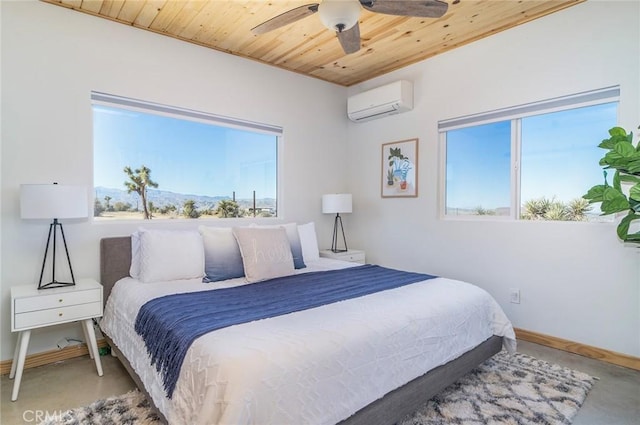 bedroom featuring wood ceiling, a wall mounted AC, and ceiling fan