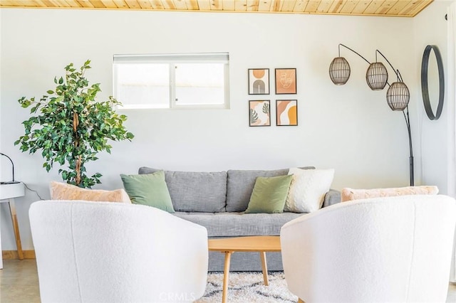 living room with wood ceiling