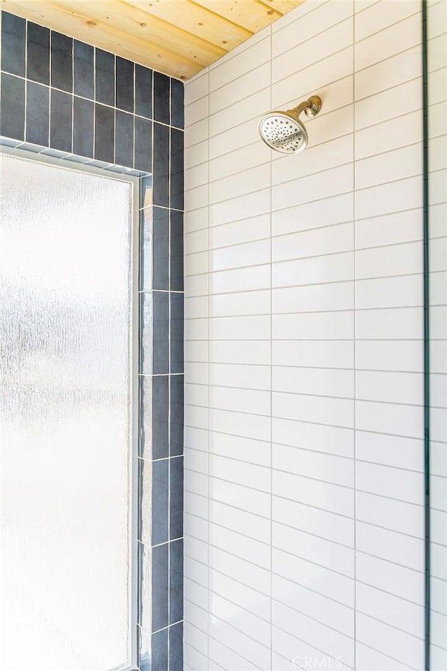59149 Desert Gold Dr, Yucca Valley, CA 92284 - bathroom view of a tile shower and wood ceiling