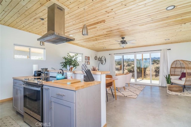 kitchen with stainless steel electric stove, gray cabinets, wooden ceiling, and exhaust hood