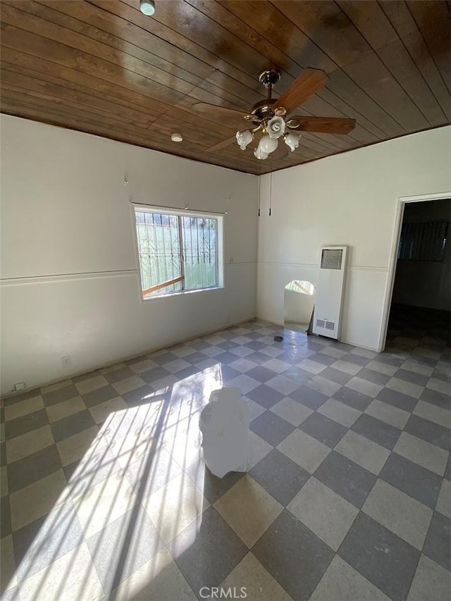 unfurnished room with ceiling fan and wooden ceiling