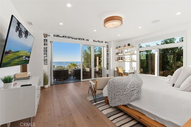 bedroom featuring access to exterior and light hardwood / wood-style flooring