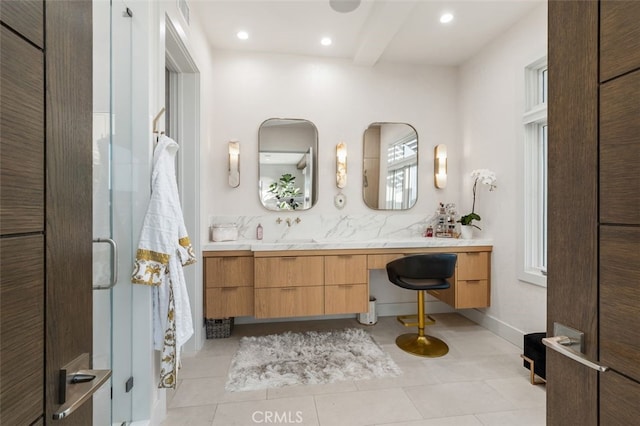 bathroom featuring walk in shower, tasteful backsplash, tile patterned flooring, beamed ceiling, and vanity