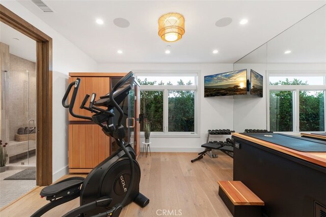 workout room with a wealth of natural light and light hardwood / wood-style floors