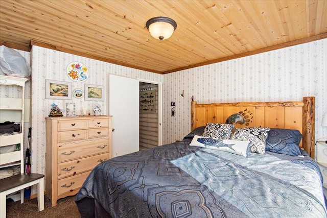 bedroom with carpet flooring and wooden ceiling