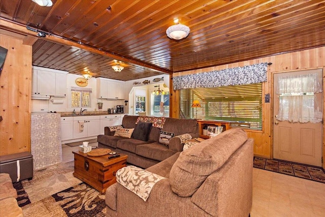 living room featuring wooden walls, sink, and wooden ceiling