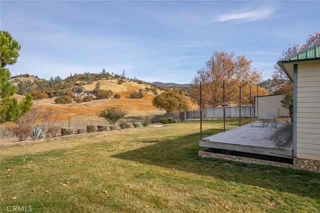 view of yard with a wooden deck and fence