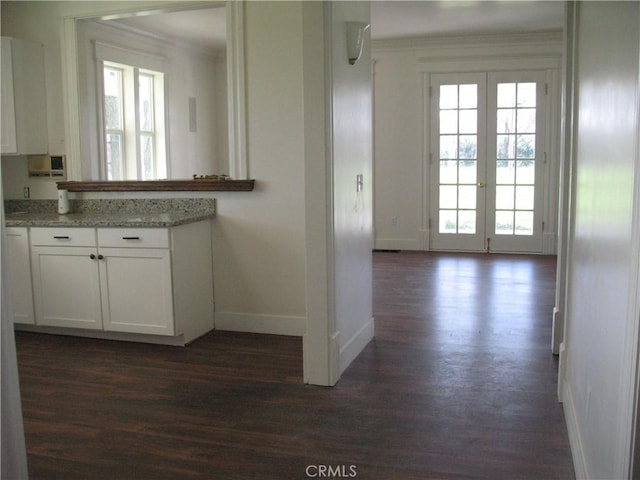 kitchen featuring white cabinets, plenty of natural light, dark wood-type flooring, and french doors