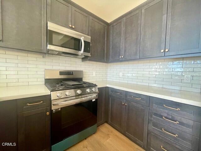 kitchen featuring tasteful backsplash, dark brown cabinets, stainless steel appliances, and light wood-type flooring