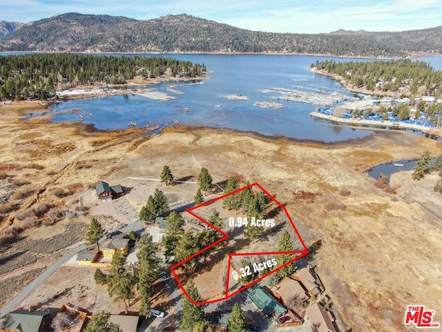 bird's eye view featuring a water and mountain view