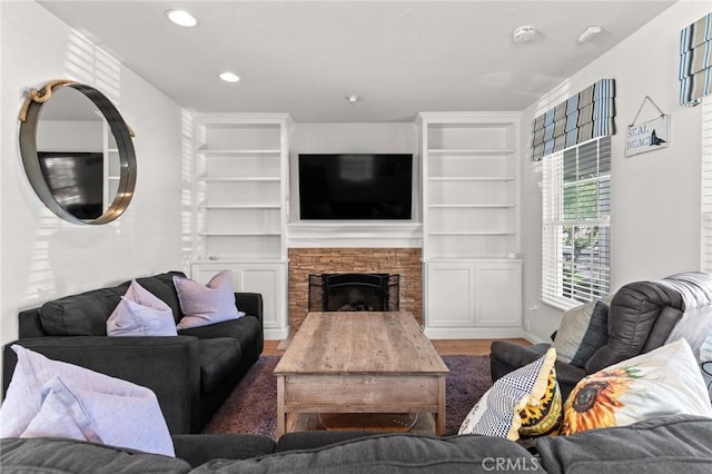 living room with wood-type flooring and a stone fireplace