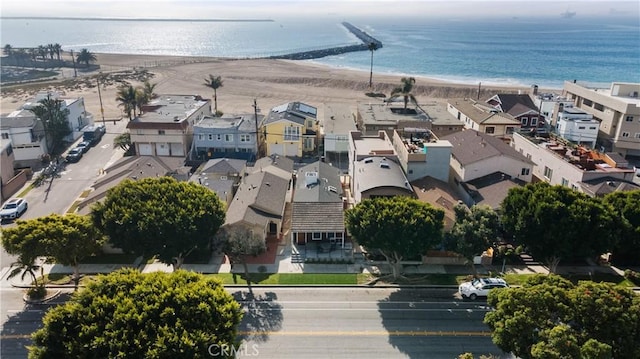 aerial view featuring a view of the beach and a water view