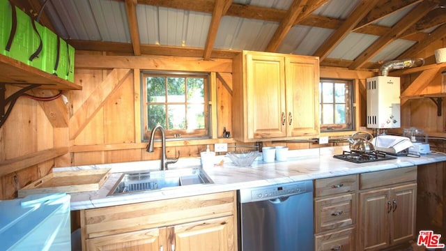 kitchen with dishwasher, lofted ceiling with beams, sink, wooden walls, and water heater