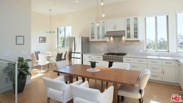 kitchen featuring a wealth of natural light, white cabinetry, hanging light fixtures, and appliances with stainless steel finishes