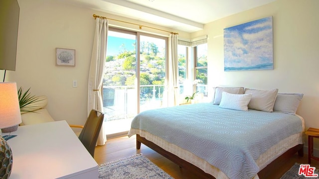 bedroom featuring light hardwood / wood-style floors and access to exterior