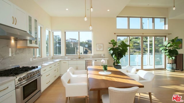 kitchen featuring ventilation hood, hanging light fixtures, appliances with stainless steel finishes, tasteful backsplash, and white cabinetry