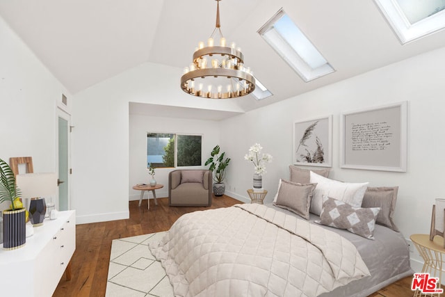 bedroom featuring lofted ceiling, a chandelier, and dark hardwood / wood-style flooring