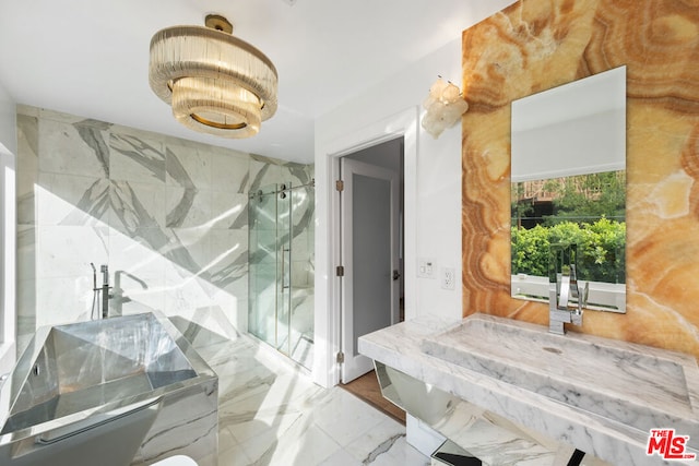 bathroom with an enclosed shower and tile walls