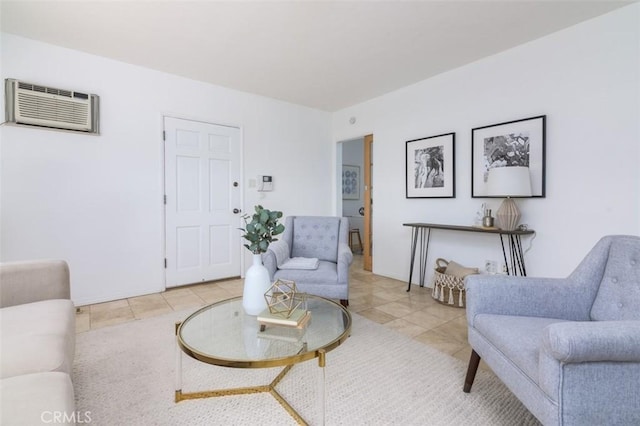 tiled living room featuring a wall unit AC