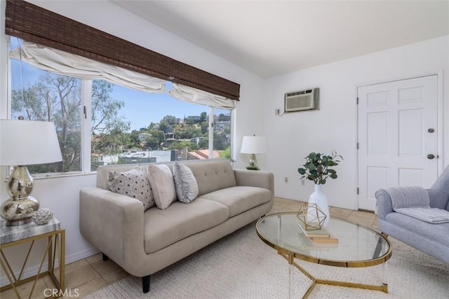 tiled living room featuring a wall mounted air conditioner